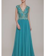 V-Neckline A-Line Evening Gown in Turquoise