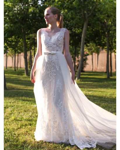 V-Neckline Mermaid Wedding Gown with Overskirt