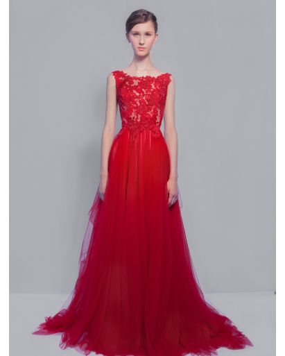 Dramatic Red Lace Evening Dress in Tulle