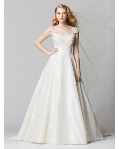 Illusion Neckline A-Line Wedding Dress in Taffeta