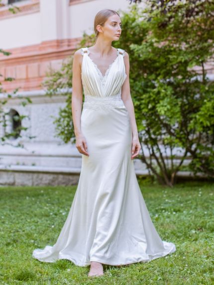 V-Neck Column Wedding Gown in Silk