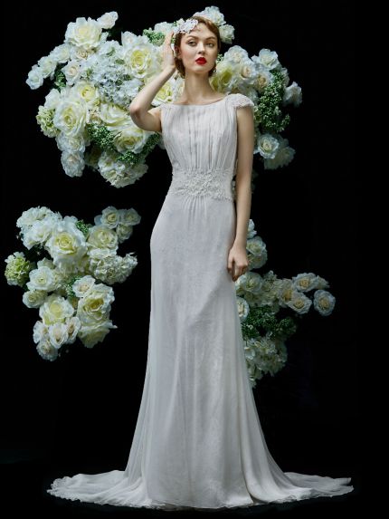Bateau Neckline Column Wedding Dress with Lace