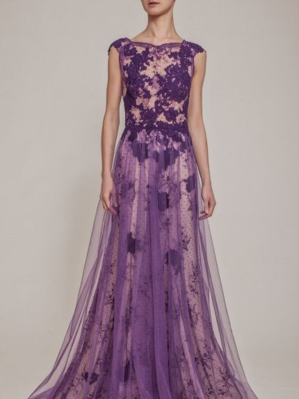 Beautiful Sheer Boat Neck Evening Gown