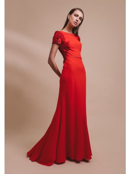 Beaded Red Crepe Evening Dress