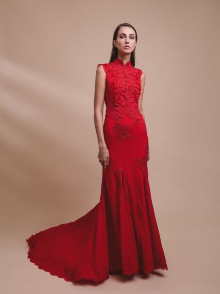 Embroidered Red Cheongsam Gown