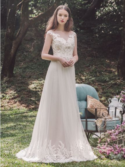 Illusion Neckline A-Line Wedding Dress with Lace