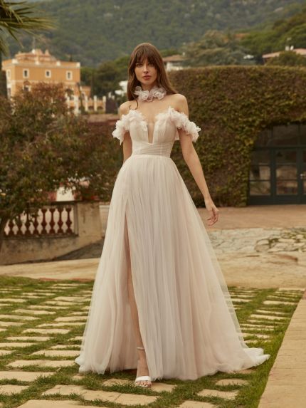 Draped Floral Tulle Wedding Dress