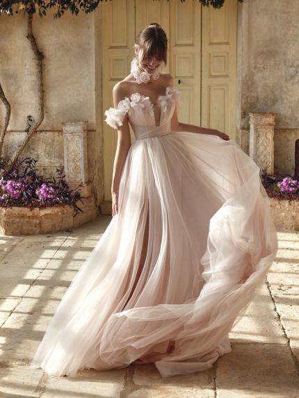 Draped Floral Tulle Wedding Dress