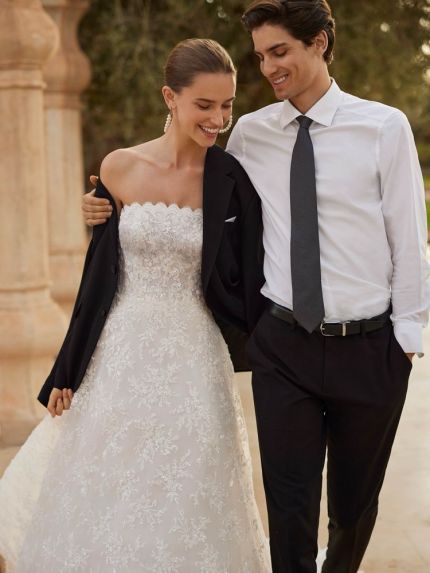 Embroidered Strapless Wedding Dress