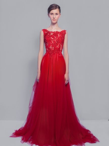 Dramatic Red Lace Evening Dress in Tulle
