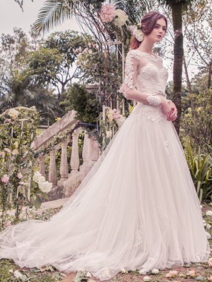 Illusion Bateau Neckline Princess Ball Gown with Lace 