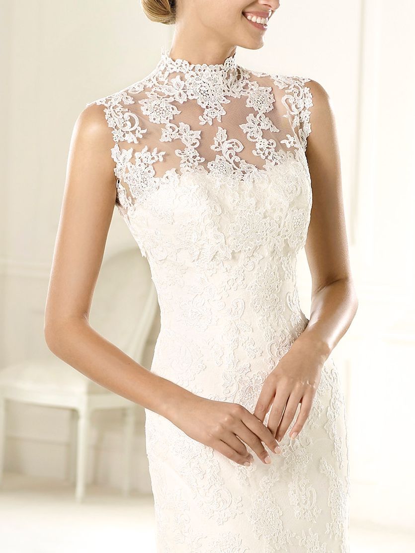 high neck sleeveless lace wedding dress
