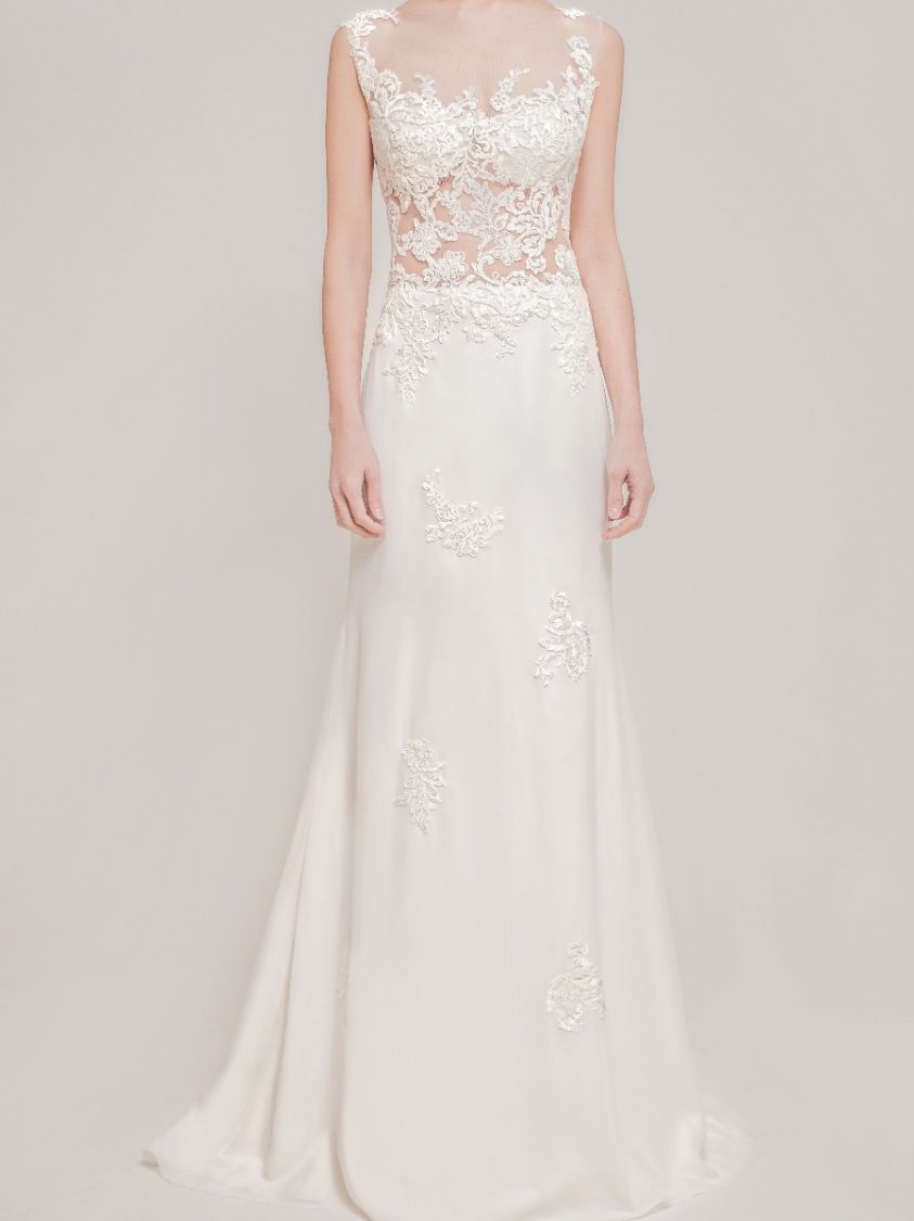 Snow By Annasul Y Crescent Sheer Bodice Sheath Wedding Dress Sheer Bodice Sheath Wedding Dress