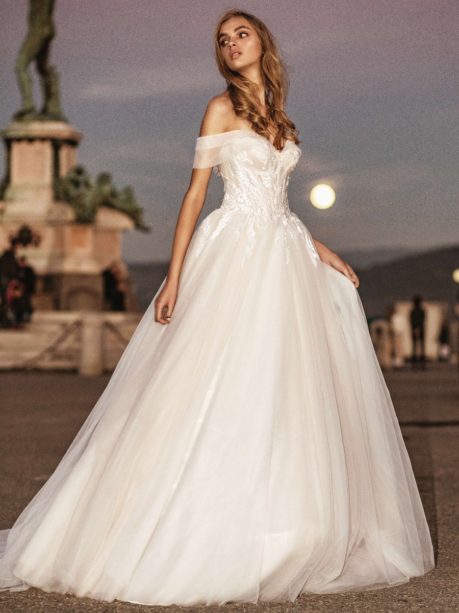 Mistrelli | Elizabella | Off-the-Shoulder Neck Princess Wedding Dress ...