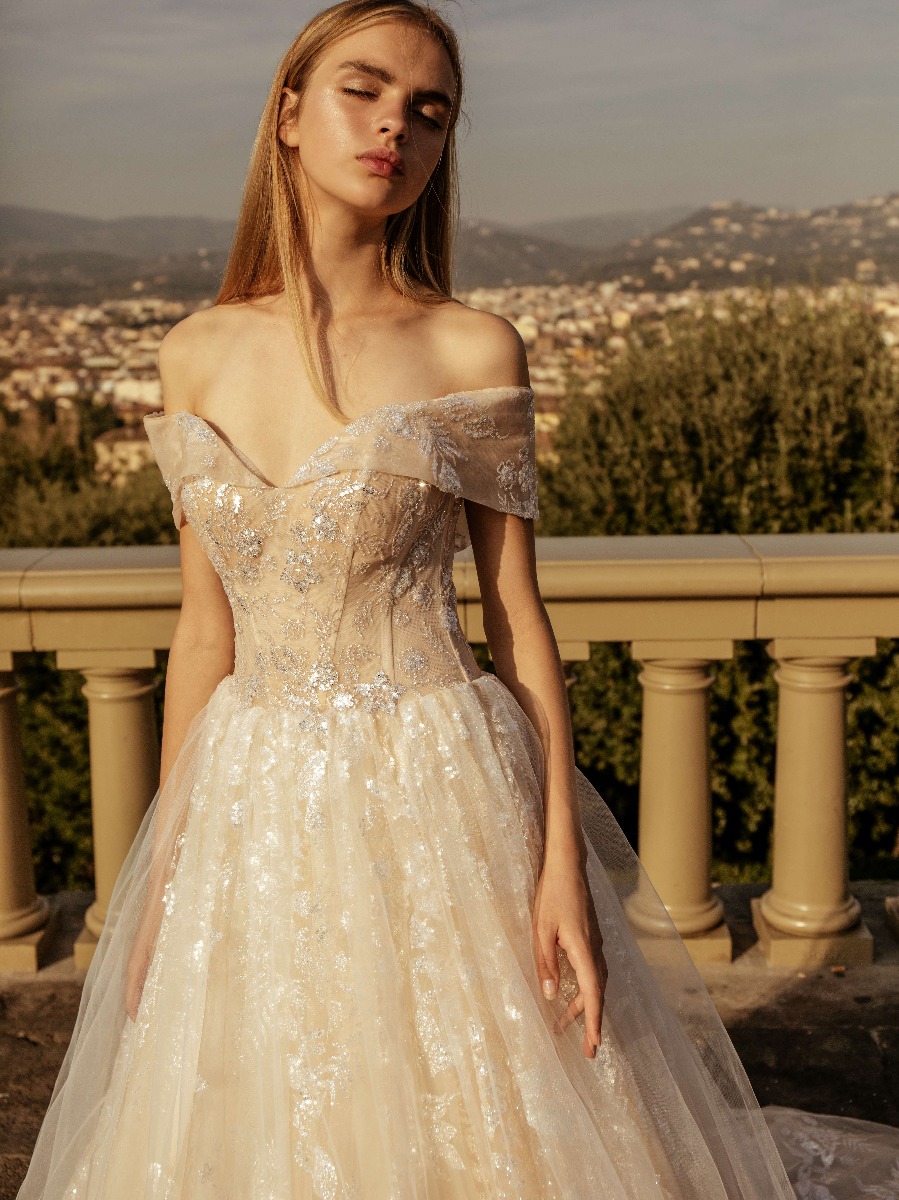Mistrelli | Pillar | Lustrous Sequinned Off-Shoulder Princess Wedding ...