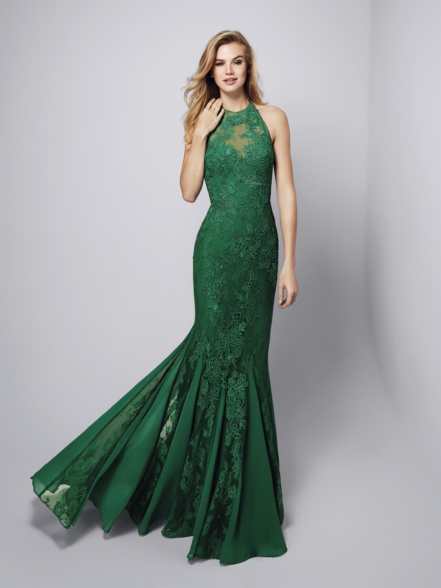 Pronovias | GENISTA | Halter Neckline Mermaid Evening Gown in Emerald ...