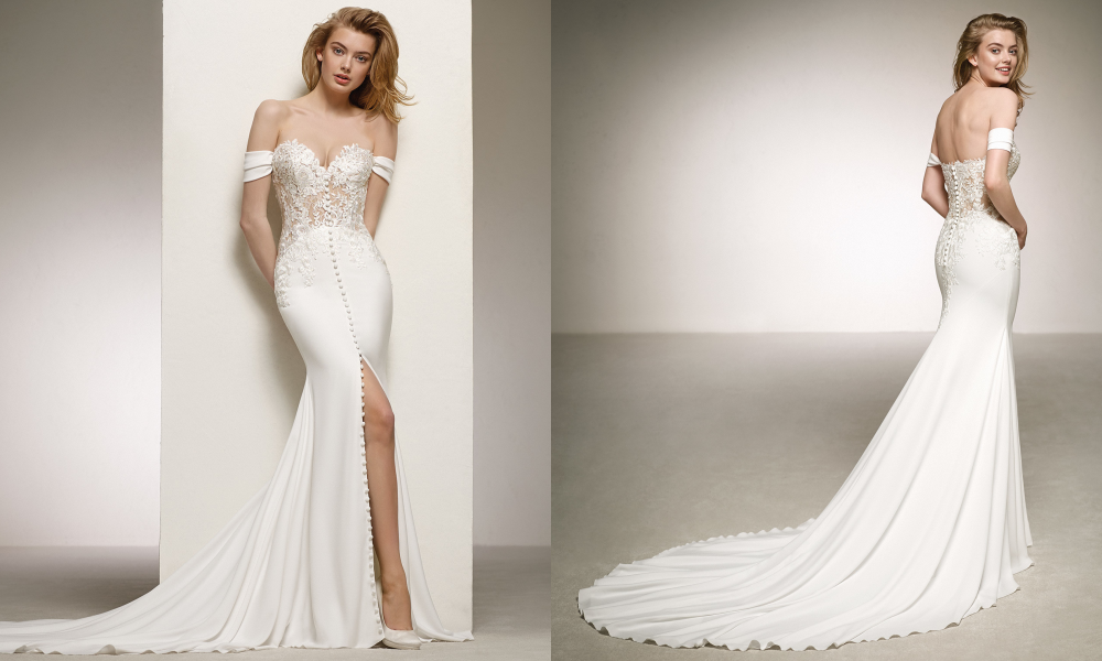 Off-the-shoulder mermaid wedding dress with slit for pear shaped bride